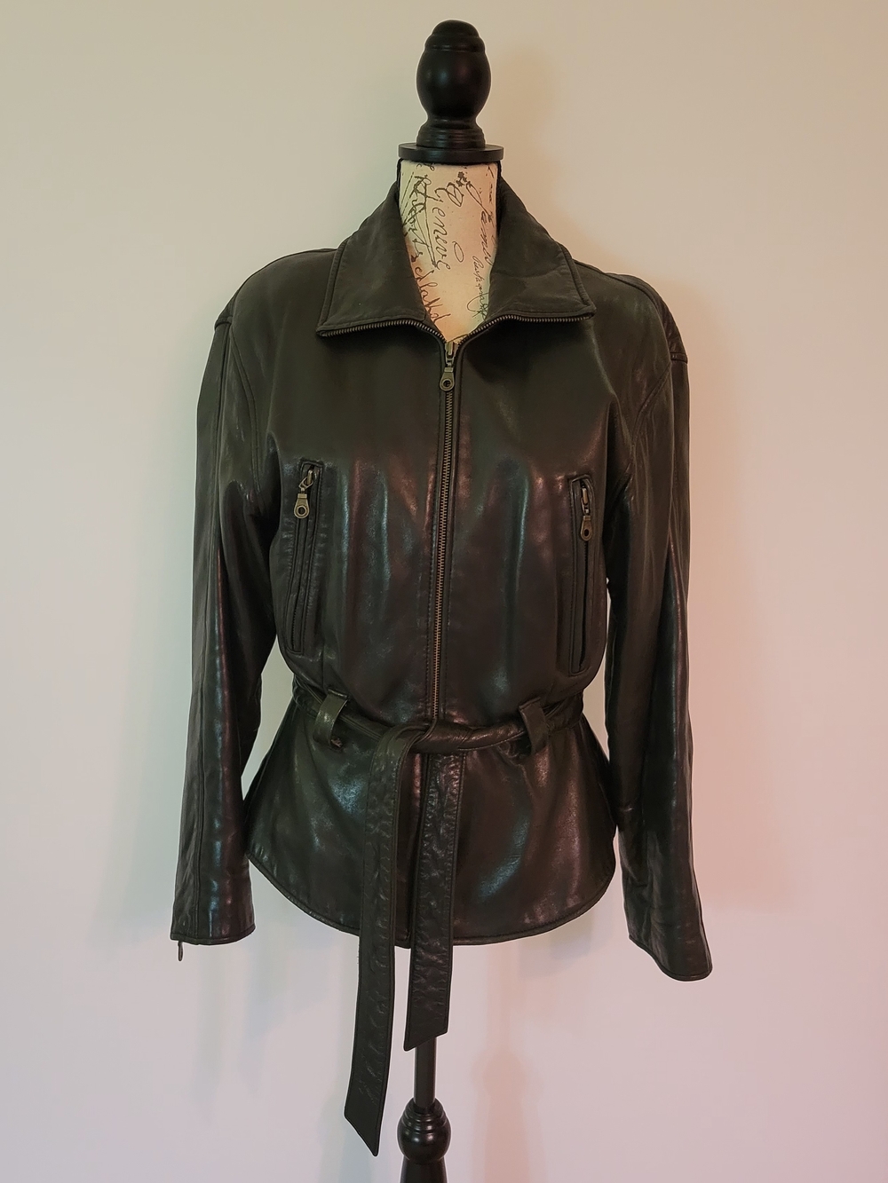 Black Leather Zip-Front Belted Jacket